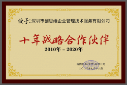 百圖玩具(東莞)授予創(chuàng)思維十年戰(zhàn)略合作伙伴榮譽(yù)證書(shū)